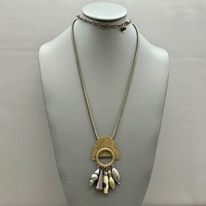 Marjorie Baer Necklace Vintage Brass Tone Snake Chain Mixed Metal Dangle Pendant